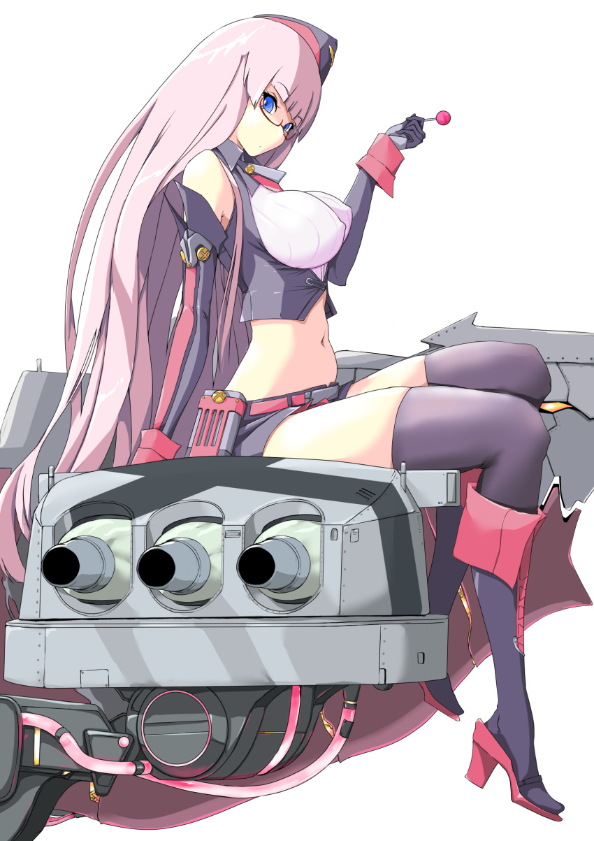 1girl absurdres azur_lane blue_eyes boots breasts candy cannon closed_mouth commentary_request covered_nipples cutoffs elbow_gloves food from_side glasses gloves gneisenau_(azur_lane) hat head_tilt high_heel_boots high_heels highres large_breasts light_purple_hair lollipop long_hair looking_at_viewer midriff navel p.i.t.d peaked_cap rigging semi-rimless_eyewear short_shorts shorts sitting solo stomach thighhighs thighs very_long_hair