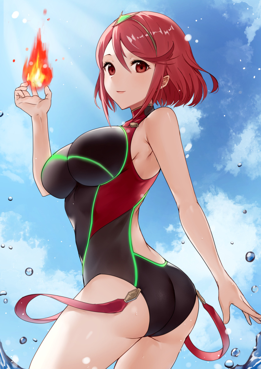 1girl ass backless_outfit bare_arms bare_shoulders black_swimsuit blue_sky breasts casual_one-piece_swimsuit closed_mouth cloud cowboy_shot day fire flame from_behind haru_(nakajou-28) highres large_breasts looking_at_viewer looking_back neon_trim official_alternate_costume one-piece_swimsuit outdoors pyra_(pro_swimmer)_(xenoblade) pyra_(xenoblade) pyrokinesis red_eyes red_hair short_hair sky smile solo swimsuit tiara twisted_torso water xenoblade_chronicles_(series) xenoblade_chronicles_2