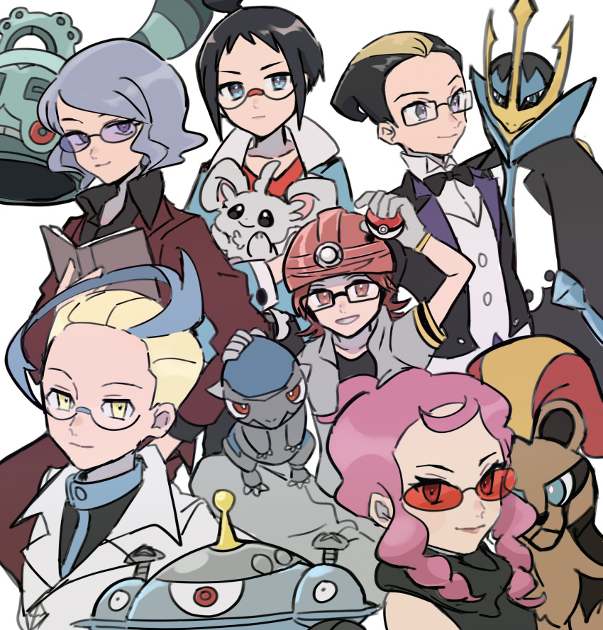 1girl 5boys black_bow black_hair black_neckwear black_shirt blonde_hair blue_eyes blue_hair bow bowtie bronzong cheren_(pokemon) closed_mouth collared_shirt colress_(pokemon) commentary_request cranidos darach_(pokemon) empoleon eneko_(olavcnkrpucl16a) eyelashes gen_4_pokemon gen_5_pokemon gen_6_pokemon glasses grey_hair helmet highres holding holding_poke_ball holding_pokemon jacket labcoat lucian_(pokemon) magnezone malva_(pokemon) minccino multicolored_hair multiple_boys pants pink_hair poke_ball poke_ball_(basic) pokemon pokemon_(creature) pokemon_(game) pokemon_bw2 pokemon_dppt pokemon_platinum pokemon_xy pyroar pyroar_(female) roark_(pokemon) shiny shiny_hair shirt short_hair smile sunglasses tinted_eyewear two-tone_hair white_shirt yellow_eyes