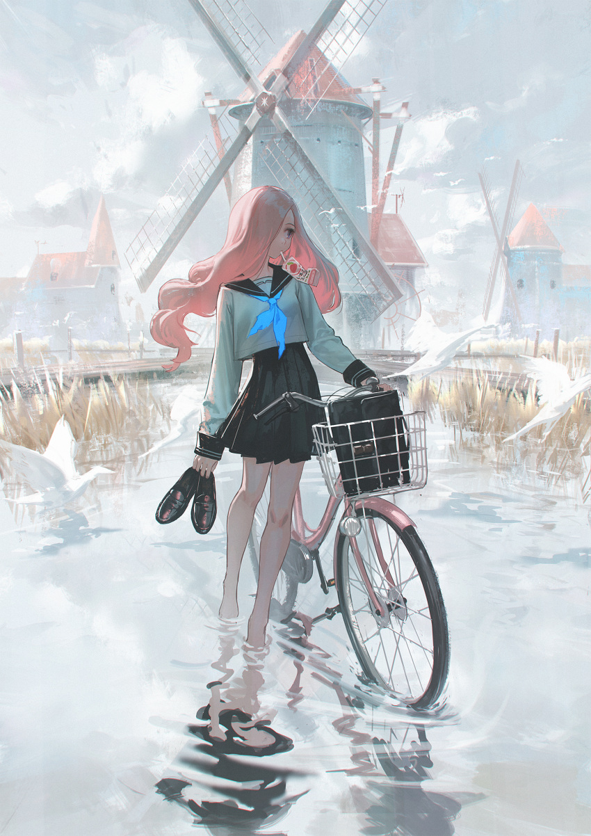 1girl bag barefoot bicycle bird black_skirt blue_neckwear cloud drinking_straw drinking_straw_in_mouth ground_vehicle hair_over_one_eye highres holding holding_shoes juice_box long_hair neckerchief original outdoors pink_hair reflection reoen sailor_collar school_bag school_uniform shirt shoes skirt sky water watermill wavy_hair white_shirt windmill