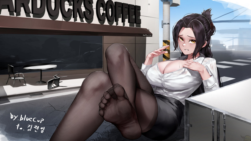 1girl artist_name black_hair black_legwear bluecup breasts brown_eyes chair cleavage collared_shirt container dress_shirt english_commentary giant giantess hair_intakes highres large_breasts long_hair long_sleeves looking_at_viewer original outdoors pantyhose partially_unbuttoned pencil_skirt shirt skirt solo table white_shirt