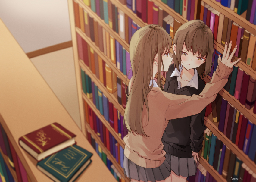 2girls book bookshelf brown_eyes brown_hair commentary_request eyebrows_visible_through_hair hazuki_natsu highres leg_between_thighs library light_brown_hair long_hair looking_at_another looking_away multiple_girls original short_hair twitter_username wall_slam yuri