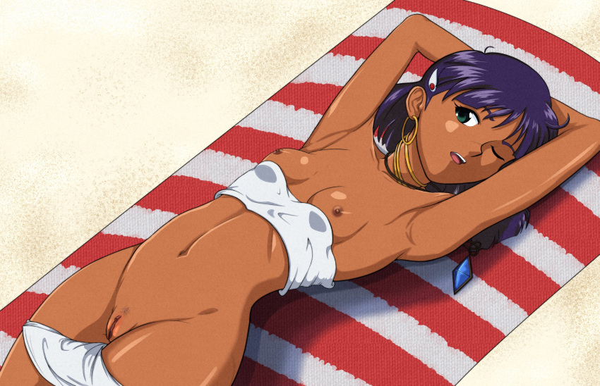 1girl armpits arms_behind_head bandeau bandeau_pull bangs beach beach_towel bob_cut breasts clitoris collarbone commentary dark-skinned_female dark_skin earrings exhibitionism film_grain fushigi_no_umi_no_nadia gem green_eyes hair_ornament hairclip highres hoop_earrings jewelry lying mantarays nadia_la_arwall navel neck_ring necklace nipples on_back open_mouth outdoors panties panty_pull pendant pubic_hair purple_hair pussy sand short_hair small_breasts solo sparse_pubic_hair strapless sunbathing towel tubetop tubetop_pull uncensored underwear upper_teeth white_bandeau white_panties