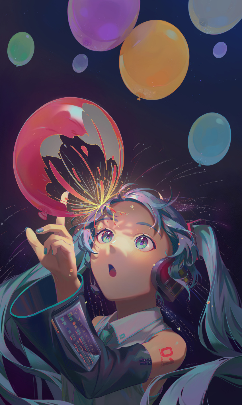 1girl absurdres aqua_eyes aqua_hair aqua_nails aqua_neckwear arm_at_side ayabe_shimota balloon bare_shoulders bursting character_name collared_shirt dark_background detached_sleeves expressionless eye_reflection eyelashes fingernails glowing grey_shirt hand_up hatsune_miku headset highres index_finger_raised light light_blush light_particles long_hair looking_up necktie number_tattoo parted_lips poking reflection shiny shiny_hair shirt shoulder_tattoo simple_background sleeveless sleeveless_shirt solo sparkle star_(symbol) tattoo twintails upper_body very_long_hair vocaloid wide-eyed