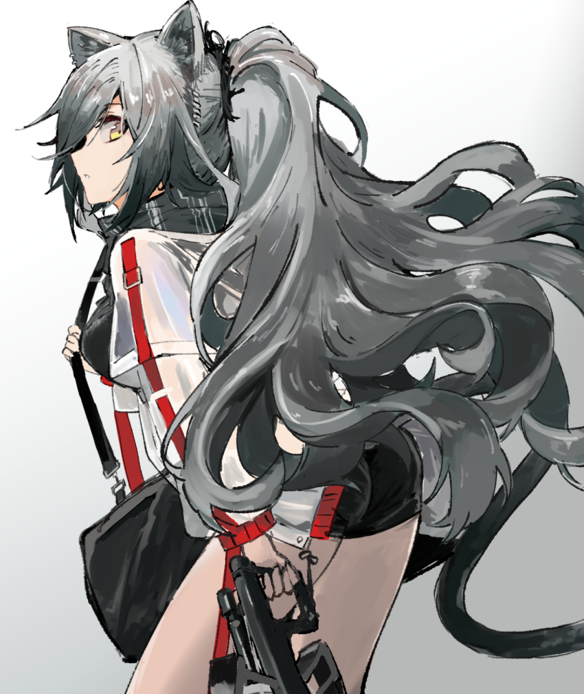 1girl :o animal_ears arknights ass back bag bangs black_shirt black_shorts cat_ears cat_girl cat_tail exion_(neon) grey_background grey_hair hair_between_eyes hair_ribbon highres holding_crossbow jacket long_hair long_sleeves looking_at_viewer looking_back open_mouth ponytail ribbon schwarz_(arknights) shirt shorts shoulder_bag tail teeth white_jacket yellow_eyes