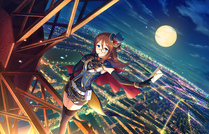 1girl alternate_costume armpit_peek artist_request bangs bare_shoulders belt black_gloves blue_eyes brown_hair building cape city city_lights cityscape cloud dutch_angle elbow_gloves envelope eyebrows_visible_through_hair full_moon furusawa_yoriko gloves hat holding holding_letter idolmaster idolmaster_cinderella_girls idolmaster_cinderella_girls_starlight_stage jewelry letter long_hair looking_at_viewer monocle moon night night_sky official_art outdoors parted_bangs scenery skirt sky sleeveless smile solo star_(sky) starry_sky thighhighs top_hat zettai_ryouiki