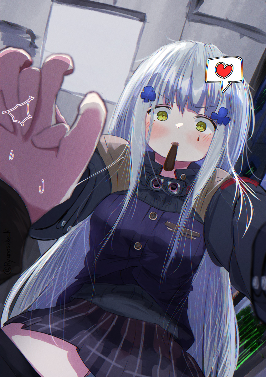 1boy 1girl absurdres assertive_female blush candy commentary_request eyebrows_visible_through_hair food girls'_frontline green_eyes heart highres hk416_(girls'_frontline) holding_hands long_hair long_sleeves looking_at_viewer noise pocky_day pov ryunosuke_nikaido silver_hair spoken_heart straddling sweets teardrop_facial_mark