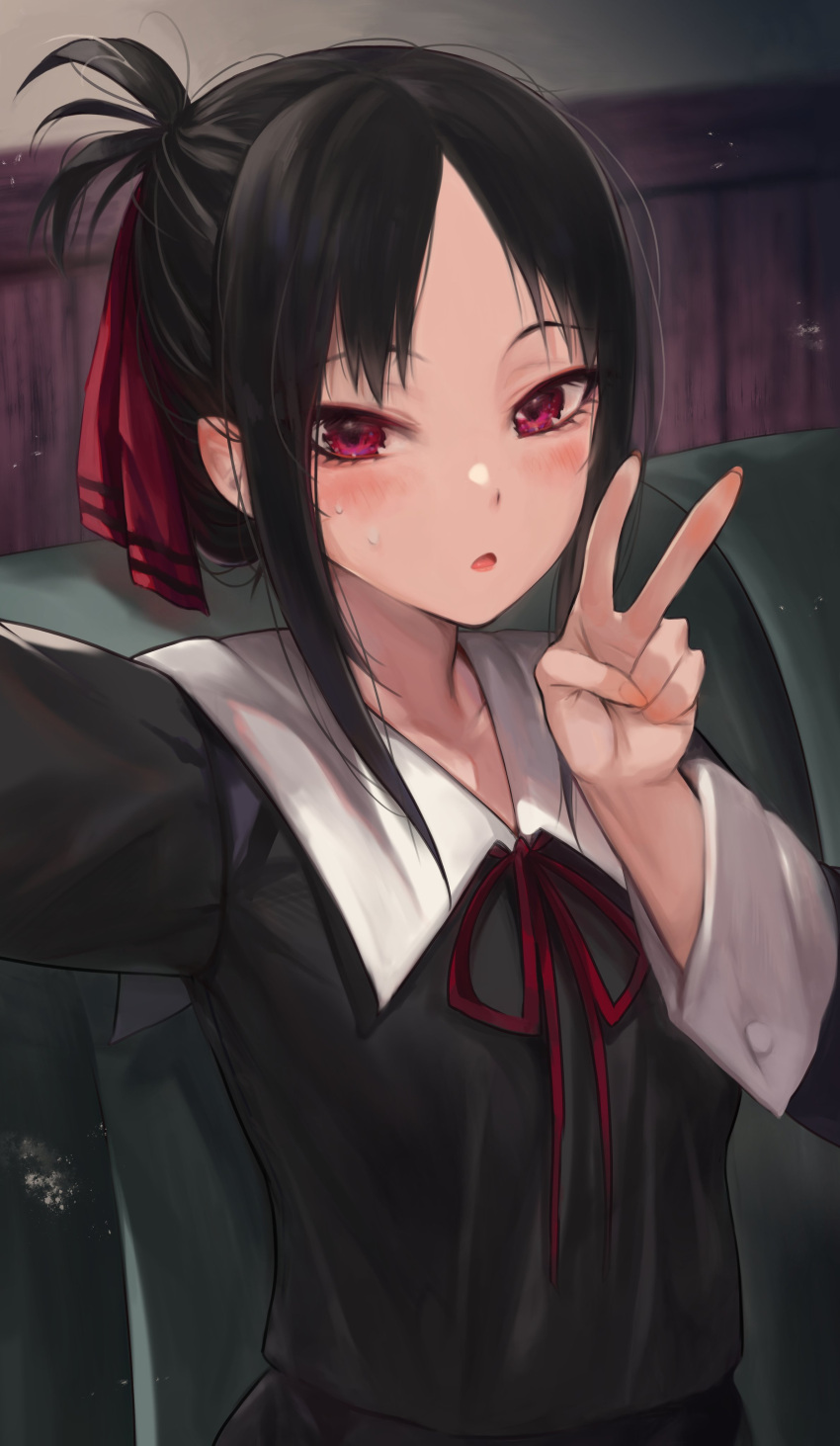 1girl absurdres bangs black_dress black_hair blush collarbone dress fingernails folded_ponytail hair_ribbon hand_up highres indoors kaguya-sama_wa_kokurasetai_~tensai-tachi_no_renai_zunousen~ long_sleeves looking_at_viewer open_mouth outstretched_arm parted_bangs red_eyes red_neckwear red_ribbon ribbon school_uniform selfie shinomiya_kaguya short_hair shuuchiin_academy_uniform solo sweatdrop torriet upper_body v