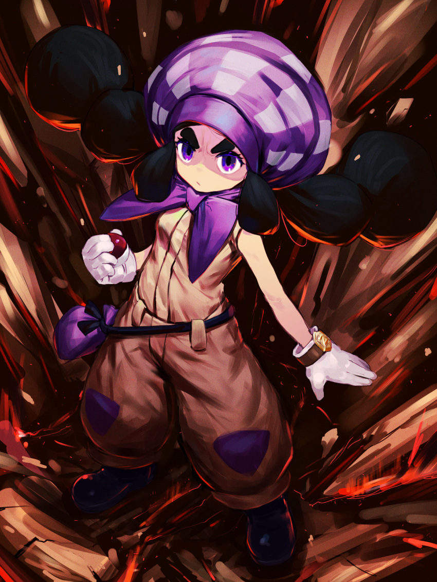 1girl belt black_belt black_footwear black_hair bonnet boots commentary_request eyelashes floating_hair gloves hapu_(pokemon) highres holding holding_poke_ball ie_(raarami) legs_apart long_hair poke_ball poke_ball_(basic) pokemon pokemon_(game) pokemon_sm pouch purple_eyes purple_headwear rock solo standing thick_eyebrows twintails white_gloves