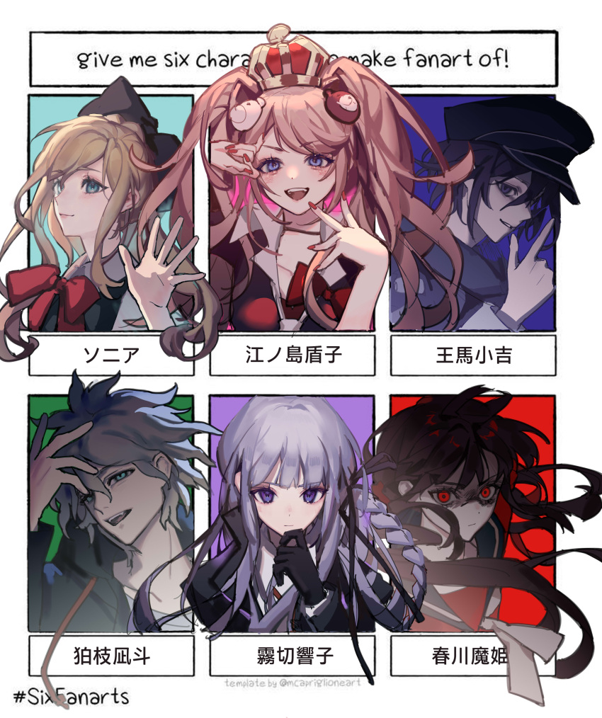 2boys 4girls absurdres bangs bear_hair_ornament black_cape black_headwear black_ribbon black_shirt blonde_hair blue_background bow bowtie braid breasts cape character_name collarbone collared_shirt crown danganronpa_(series) danganronpa_v3:_killing_harmony enoshima_junko floating_hair grey_(pixiv_13553019) grey_hair hair_ornament hair_ribbon hand_up harukawa_maki highres kirigiri_kyouko komaeda_nagito large_breasts long_hair looking_at_viewer multiple_boys multiple_girls ouma_kokichi outside_border red_background red_bow red_eyes ribbon shirt side_braid six_fanarts_challenge smile sonia_nevermind thinking translated twintails white_background