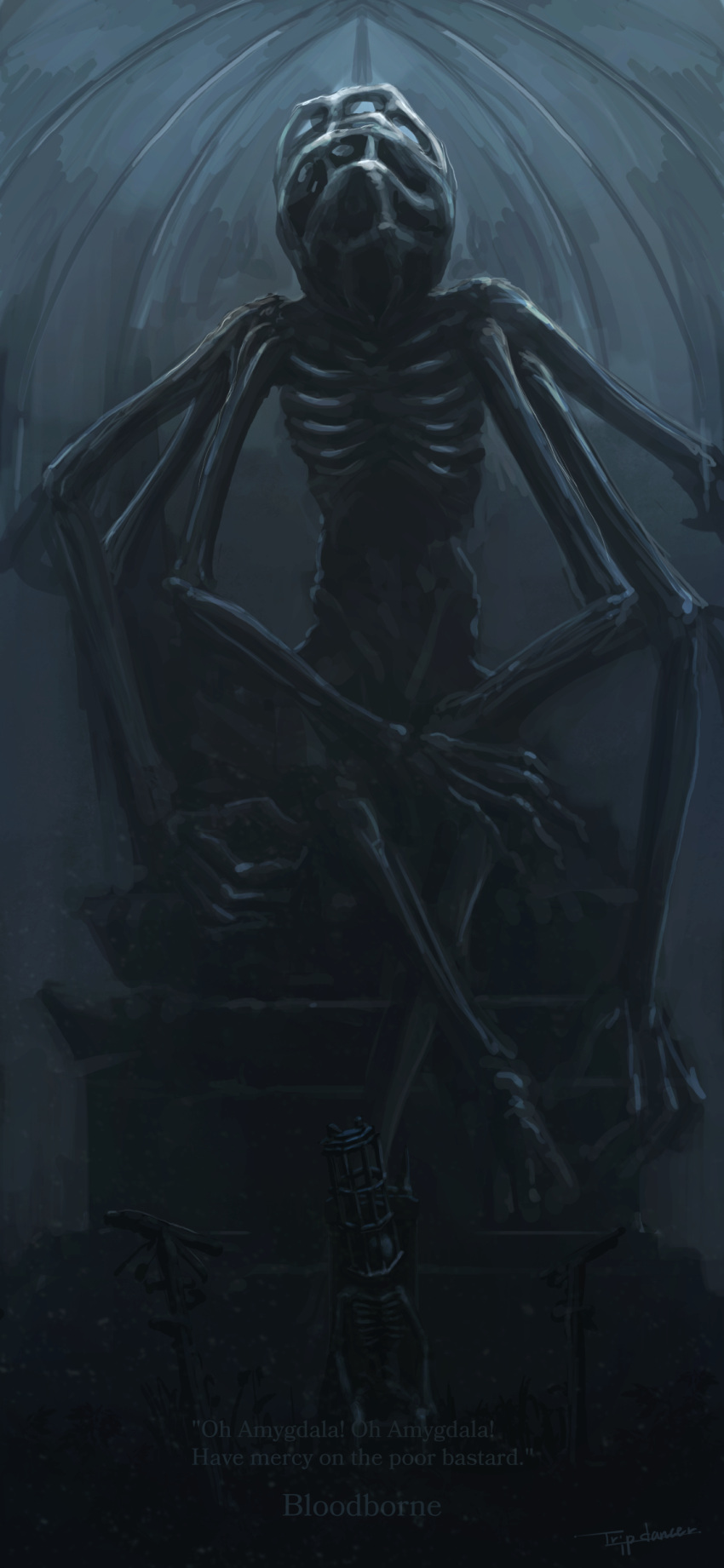 absurdres amygdala artist_name bloodborne cage chair commentary crossed_legs eldritch_abomination english_text extra_arms grey_theme highres monster no_humans shiny sitting tripdancer