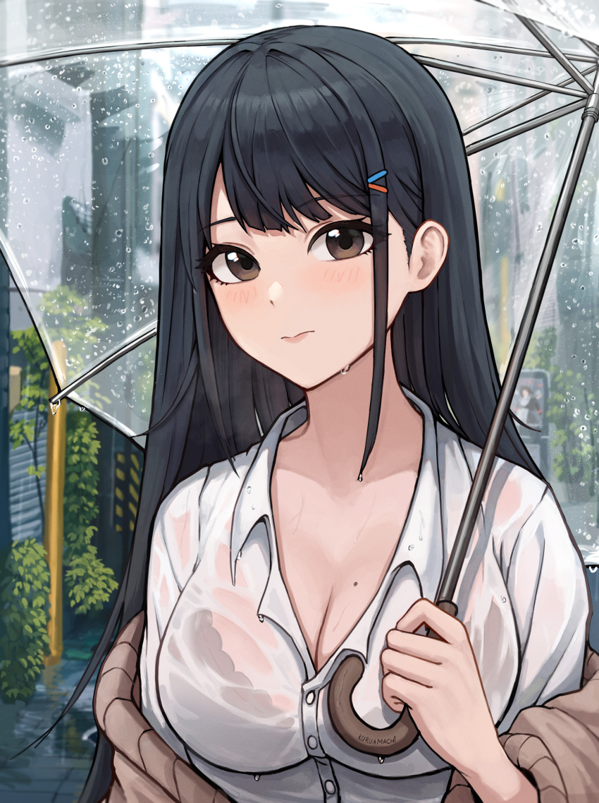 1girl absurdres bangs black_bra black_hair blush bra breasts brown_eyes brown_sweater cleavage closed_mouth collared_shirt commentary dress_shirt hair_ornament hairclip highres large_breasts long_hair long_sleeves looking_at_viewer matmaj mole mole_on_breast off_shoulder original parasol rain see-through shirt solo sweater umbrella underwear wet wet_clothes white_shirt