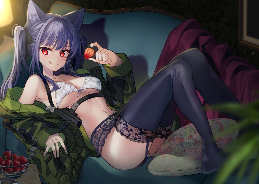 1girl :q animal_ears armpits ass bare_shoulders belt black_hair black_legwear bra breasts cat_ears closed_mouth food front-tie_bra front-tie_top fruit garter_belt green_jacket hair_ribbon highres holding jacket kawachi_rin knees_up lingerie long_hair looking_at_viewer lying medium_breasts navel no_shoes off_shoulder on_back original reclining red_eyes ribbon smile solo stomach strawberry thighhighs tongue tongue_out twintails underwear underwear_only white_bra