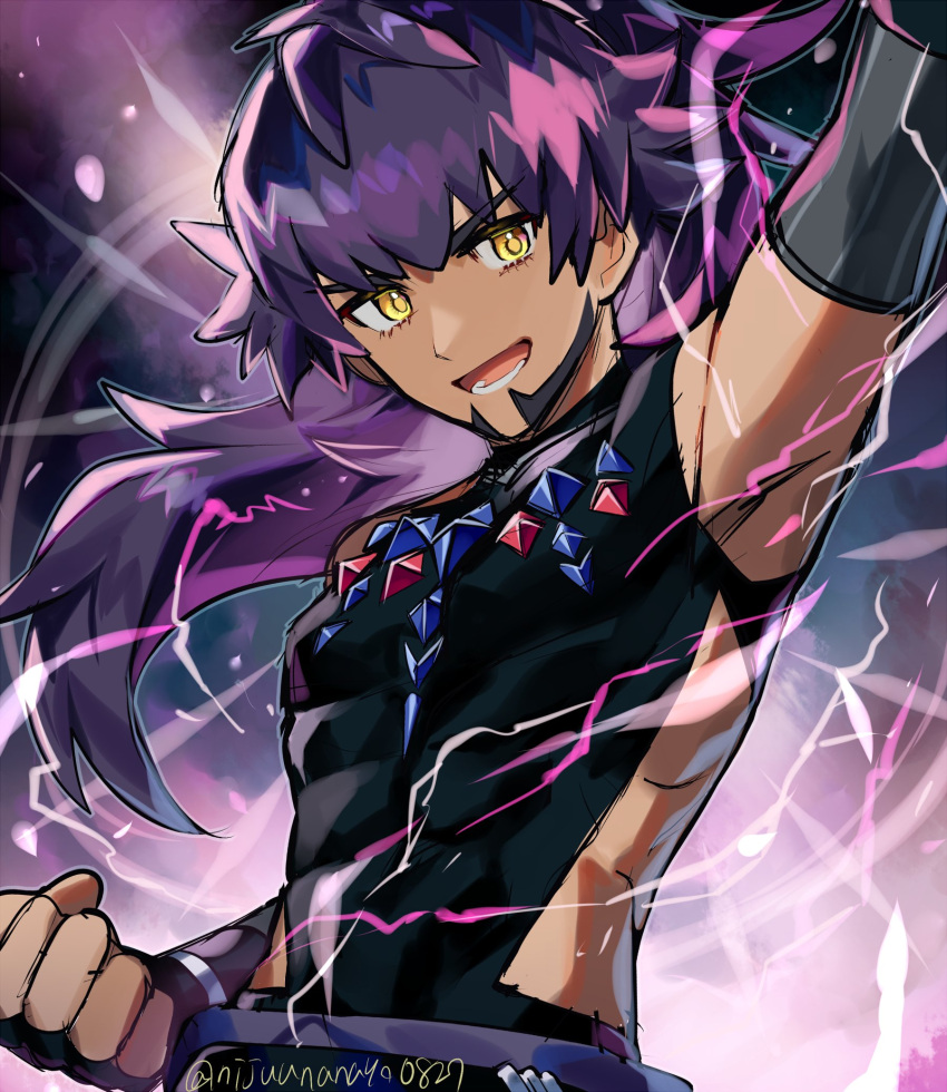 1boy :d armpits bangs belt black_bodysuit black_gloves bodysuit clenched_hand commentary_request fingerless_gloves floating_hair gem gloves highres leon_(pokemon) long_hair lower_teeth male_focus miyukiyo official_alternate_costume open_mouth pokemon pokemon_(game) pokemon_masters_ex ponytail purple_hair smile solo tongue twitter_username yellow_eyes