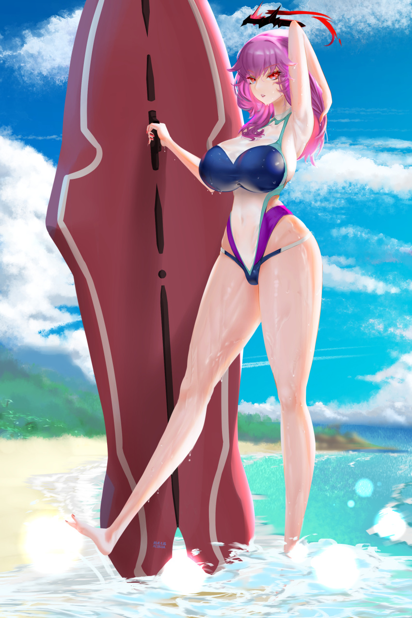 1girl absurdres arm_up azibuda azur_lane barefoot beach blue_sky breasts cloud covered_navel duca_degli_abruzzi_(azur_lane) halo highres huge_breasts impossible_clothes impossible_swimsuit long_hair looking_at_viewer nail_polish purple_hair red_eyes red_nails skin_tight sky solo surfboard swimsuit water wet wet_clothes