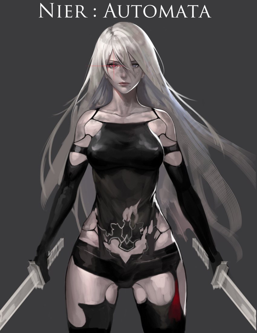 1girl absurdres android armlet bare_shoulders black_gloves black_legwear black_shorts black_tank_top breasts closed_mouth collarbone copyright_name diffraction_spikes dual_wielding elbow_gloves gloves grey_eyes hair_between_eyes highres holding holding_sword holding_weapon joints long_hair mole mole_under_mouth nier_(series) nier_automata petitmoca robot_joints shorts simple_background solo sword tank_top weapon white_hair yorha_type_a_no._2