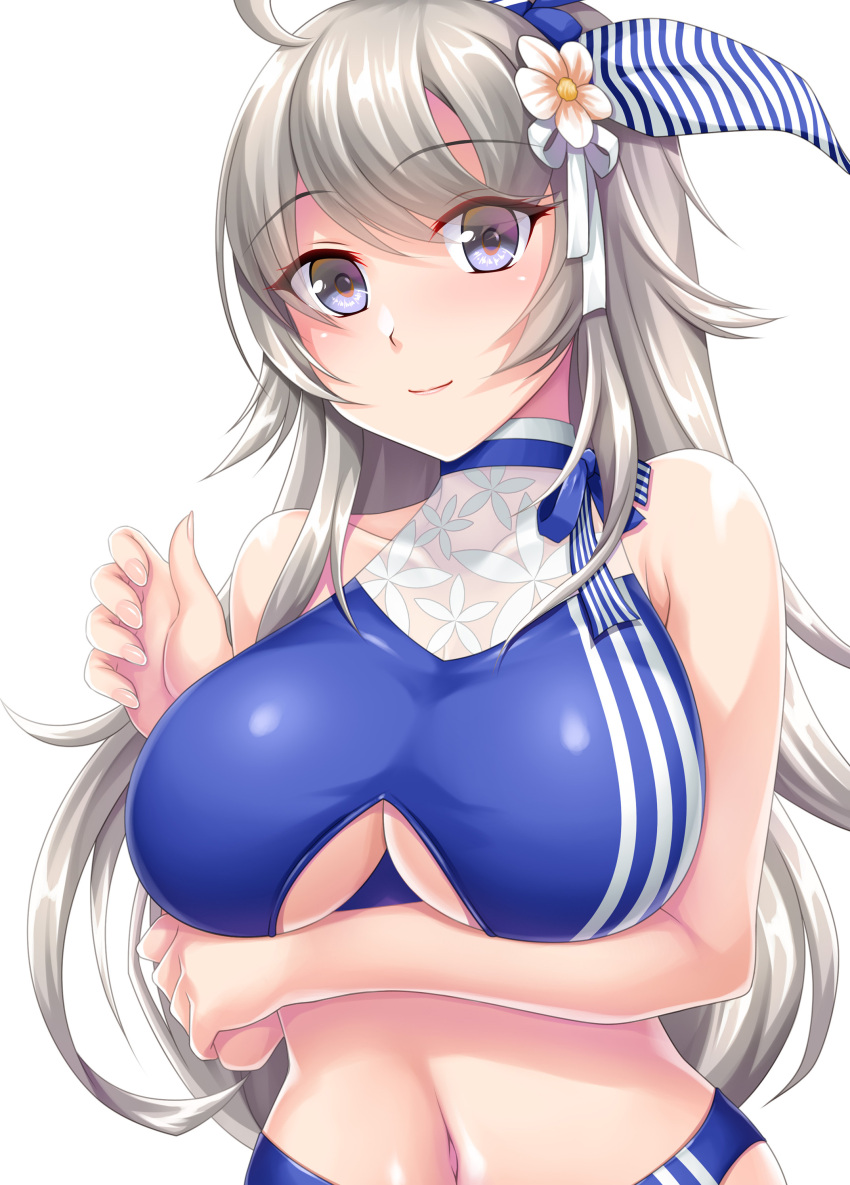 1girl absurdres ahoge bikini blue_bikini blue_hairband breasts grey_eyes hairband highres kantai_collection large_breasts long_hair navel official_alternate_costume ruin_re_birth silver_hair smile solo swimsuit upper_body washington_(kancolle)