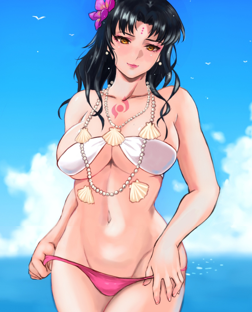 1girl akira_(yuibnm71) bangs bare_shoulders beach bikini black_hair blue_sky blush bracelet braid breasts chest_tattoo cleavage day facial_mark fate/grand_order fate_(series) flower forehead_mark hair_flower hair_ornament highres jewelry large_breasts long_hair looking_at_viewer navel necklace ocean outdoors parted_bangs pearl_bracelet pearl_necklace revision sesshouin_kiara sesshouin_kiara_(swimsuit_mooncancer)_(fate) shell_necklace sky swimsuit tattoo twin_braids white_bikini yellow_eyes