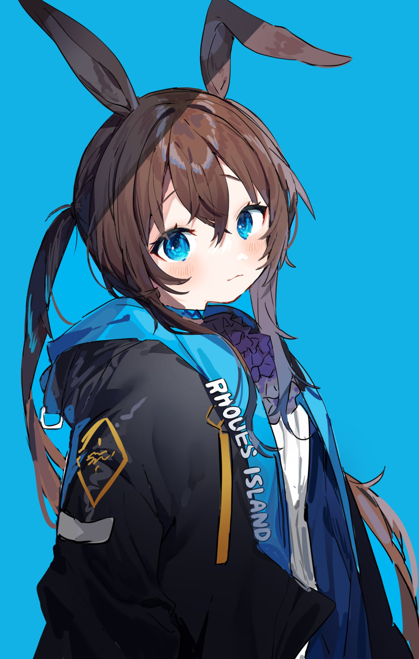 1girl absurdres amiya_(arknights) animal_ears arknights ascot bangs black_coat blue_eyes blush brown_hair closed_mouth clothes_writing coat eyebrows_visible_through_hair highres inu_(puputizy) long_hair long_sleeves looking_at_viewer open_clothes open_coat ponytail purple_neckwear rabbit_ears sidelocks smile solo upper_body very_long_hair