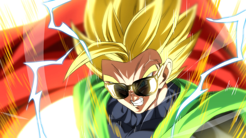 1boy angry aura black_bodysuit blue_hair bodysuit cape clenched_teeth dragon_ball dragon_ball_z electricity furious great_saiyaman male_focus red_cape rom_(20) solo son_gohan spiked_hair sunglasses super_saiyan super_saiyan_2 teeth upper_body