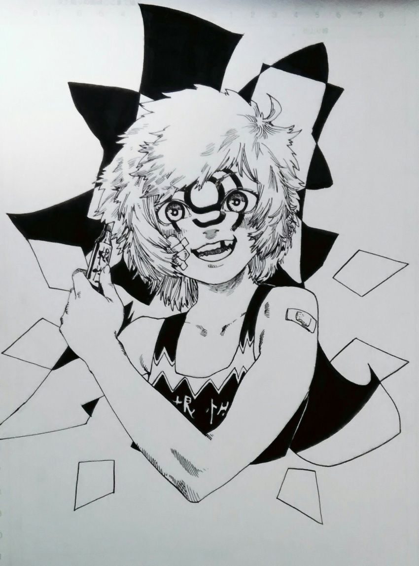 (9) 1girl bandage_on_face bandages bandaid bandaid_on_arm bow cirno collarbone flat_chest hair_bow highres marker messy_hair missing_tooth monochrome nib_pen_(medium) open_mouth sendai_(nazonomono) smile solo touhou traditional_media