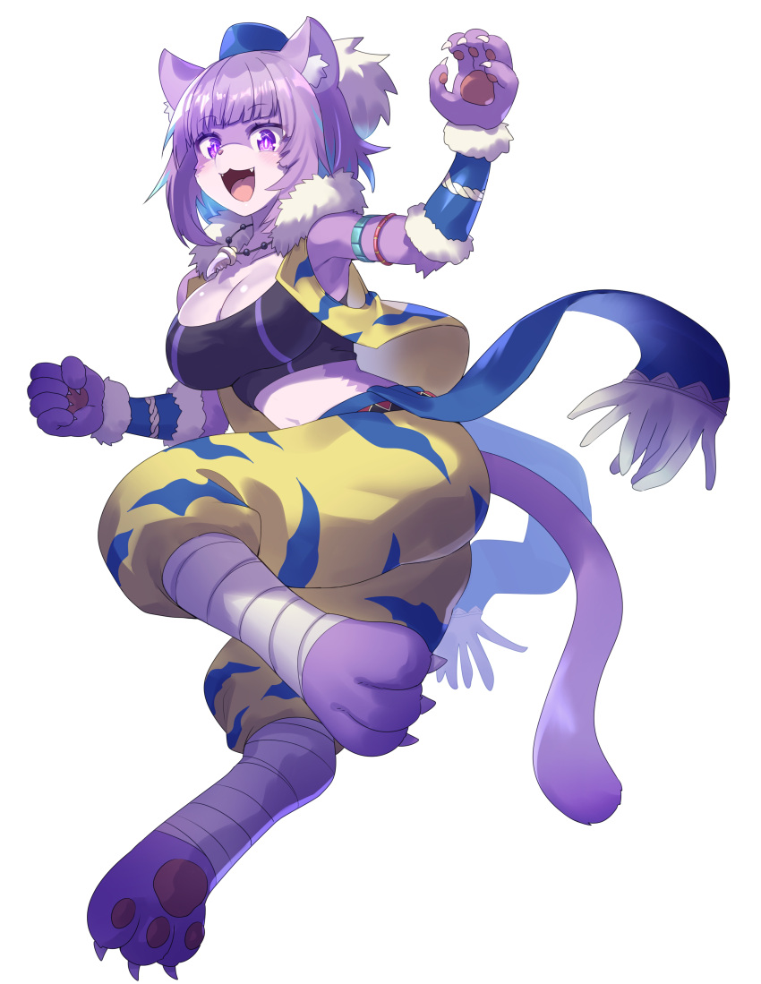 1girl absurdres animal_ears bandages breasts cat_ears cat_tail claws cosplay crop_top fang_necklace fangs furry furry_female hat highres hololive kevin_(seiken_densetsu_3) kevin_(seiken_densetsu_3)_(cosplay) large_breasts navel nekomata_okayu puffy_pants purple_eyes purple_hair sash seiken_densetsu seiken_densetsu_3 sleeveless sleeveless_jacket tail tomoyohi virtual_youtuber white_background