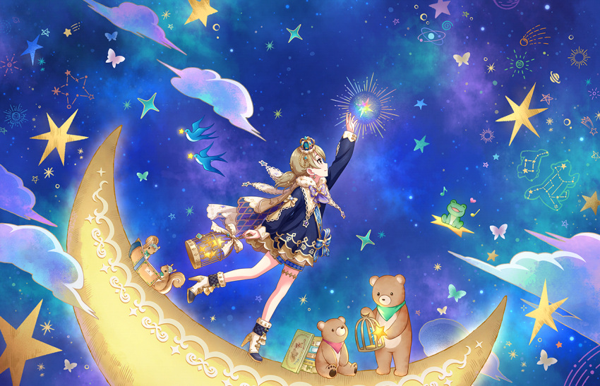 1girl alternate_costume alternate_hairstyle animal ankle_boots artist_request bangs bear bird book boots bug butterfly cage constellation crescent_moon crown cub dress earrings fur_trim high_heel_boots high_heels holding idolmaster idolmaster_cinderella_girls idolmaster_cinderella_girls_starlight_stage jewelry long_sleeves moon morikubo_nono night night_sky official_art outstretched_arm profile sky smile solo squirrel star_(sky)