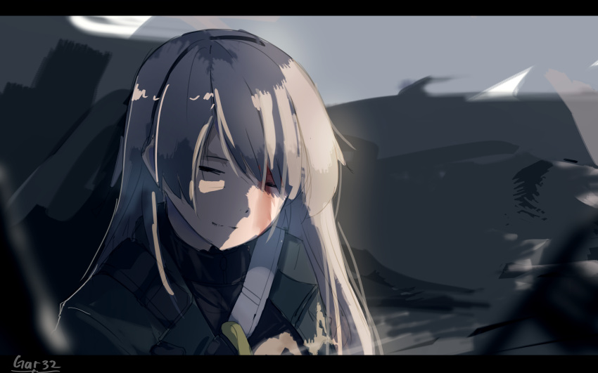 1girl absurdres artist_name bangs black_hairband blood blood_on_face closed_eyes closed_mouth day gar32 girls'_frontline green_jacket grey_hair hair_between_eyes hairband highres jacket light light_smile long_hair outdoors smile solo ump40_(girls'_frontline) upper_body