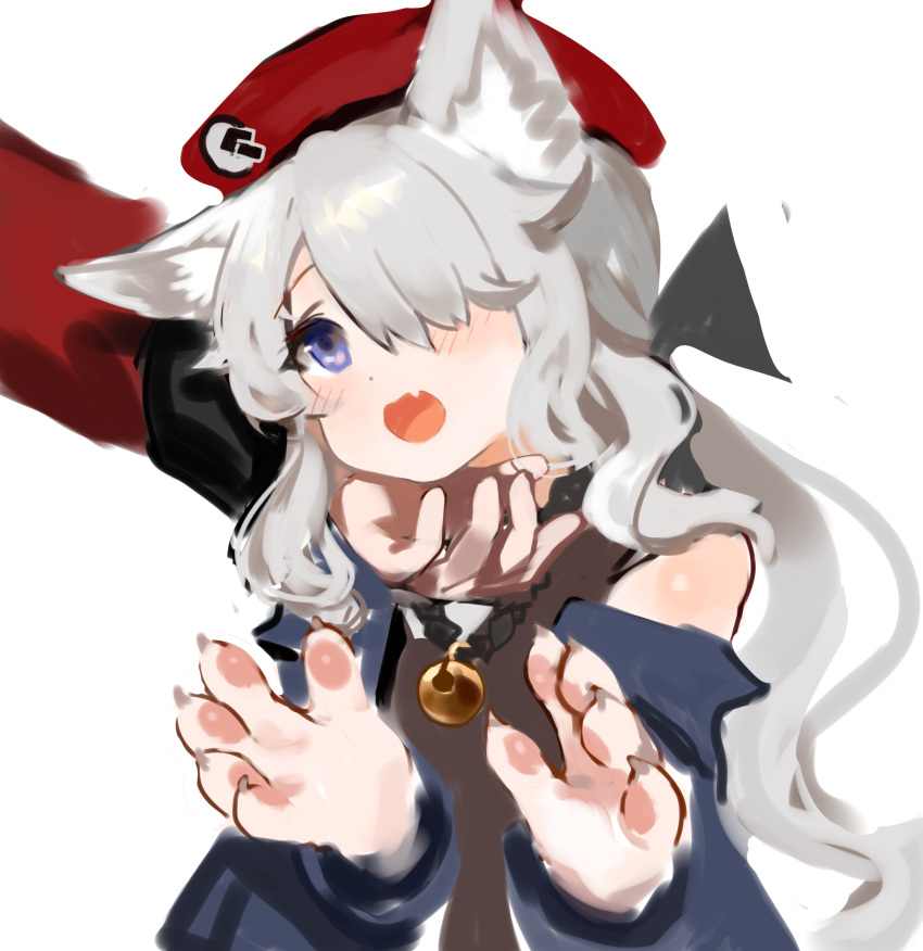 1girl 1other 9a-91_(girls'_frontline) 9a-91_(travelling_with_a_loyal_friend)_(girls'_frontline) absurdres ambiguous_gender animal_ears animal_hands bell beret black_shirt blue_eyes blue_jacket blush claws commentary_request dokomon fang furrification furry furry_female girls'_frontline hair_over_one_eye hands_up hat highres jacket korean_commentary looking_at_another neck_bell official_alternate_costume open_clothes open_jacket open_mouth out_of_frame red_headwear shirt simple_background skin_fang solo_focus upper_body white_background wolf_ears