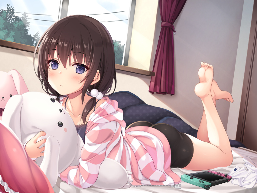 ass barefoot bed bike_shorts blush brown_hair game_console long_hair original purple_eyes shorts twintails utsurogi_akira