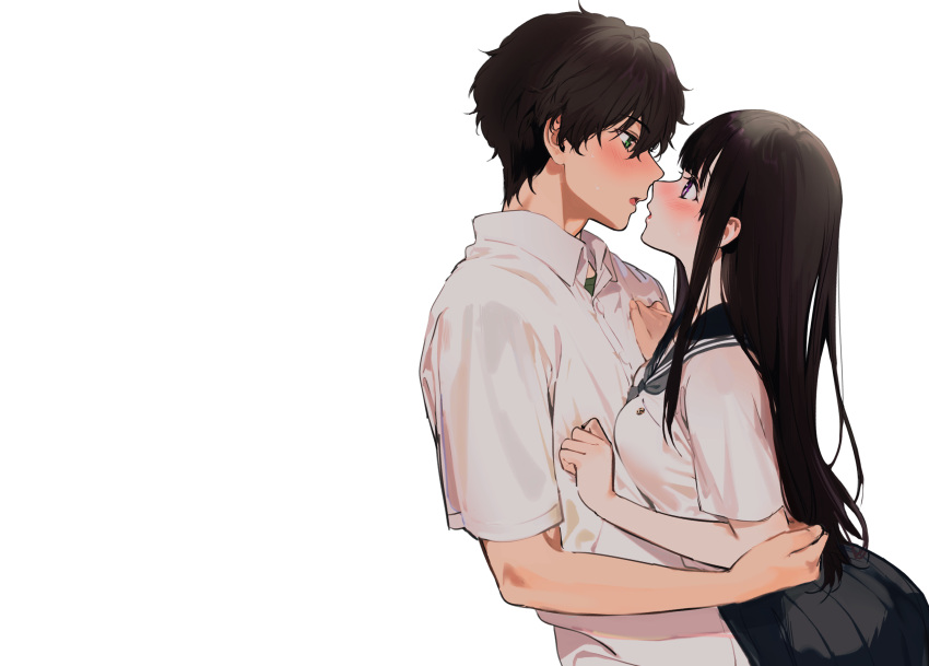 black_hair blush chitanda_eru green_eyes hug hyouka long_hair male mery_(apfl0515) oreki_houtarou purple_eyes school_uniform shirt short_hair sketch skirt third-party_edit white