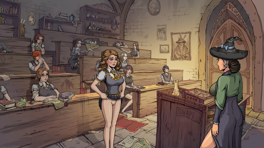 classroom forced harry_potter hermione_granger highres leisure_suit_larry magic public public_nudity pussy teacher witch