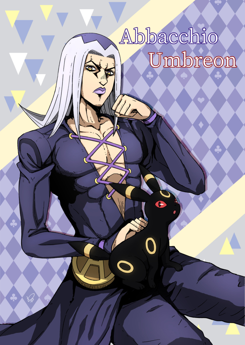 1boy angry argyle argyle_background blue_jacket blue_pants clover club_(shape) commentary_request crossover diamond_(shape) gen_2_pokemon highres jacket jojo_no_kimyou_na_bouken kogawa_(kris_386k) leone_abbacchio light_purple_hair male_cleavage male_focus pants pectorals pokemon pokemon_(creature) purple_hair purple_lips red_eyes spade_(shape) triangle umbreon