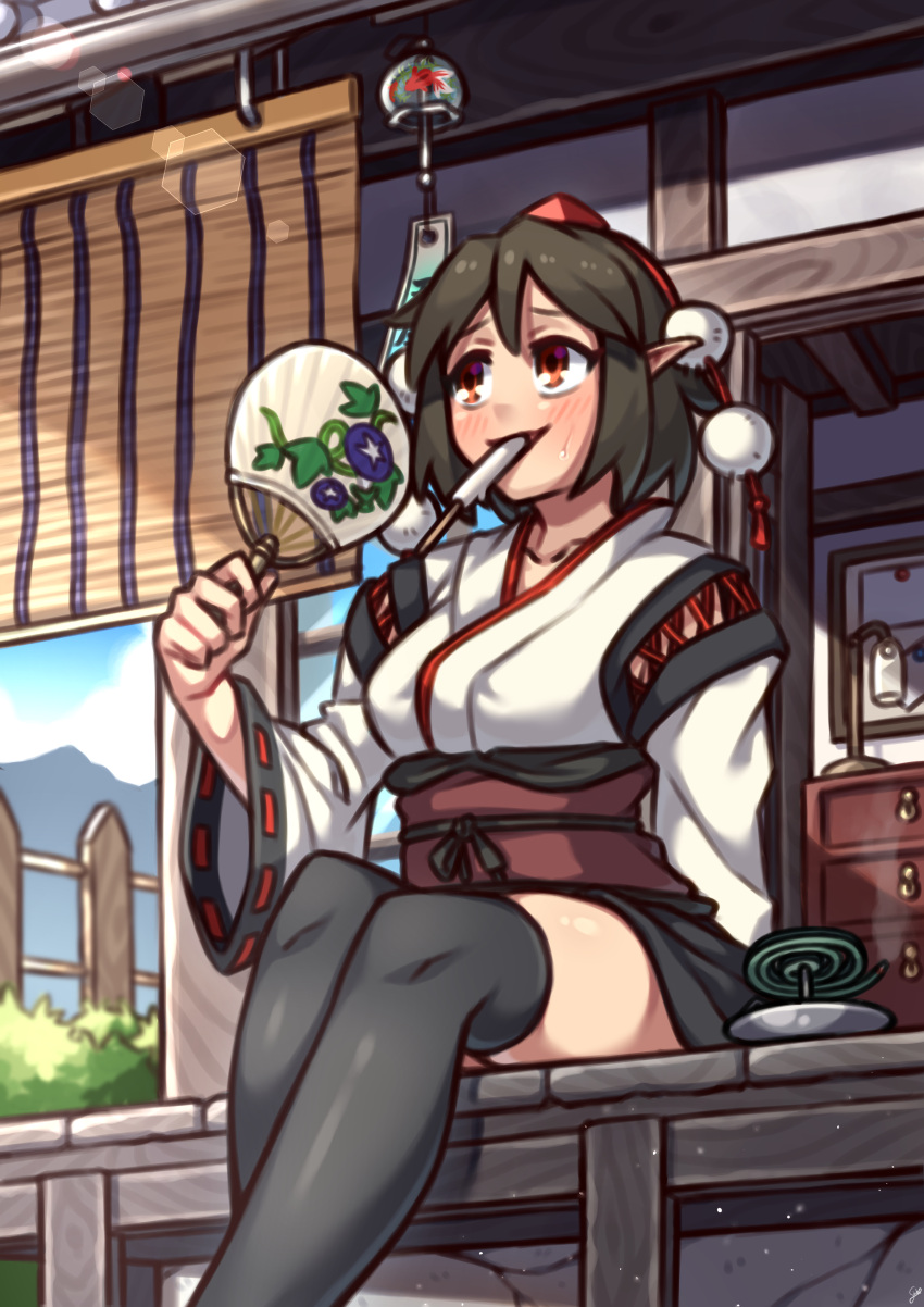 1girl absurdres black_legwear blush breasts bush coffeelove68 collarbone cross-laced_clothes fence food hair_between_eyes hand_fan hat highres holding holding_fan in_mouth kourindou_tengu_costume lamp large_breasts long_sleeves looking_to_the_side mosquito_coil obi pointy_ears pom_pom_(clothes) popsicle red_eyes ribbon-trimmed_sleeves ribbon_trim sash shameimaru_aya short_hair sitting solo sweatdrop thighhighs tokin_hat touhou veranda wardrobe wide_sleeves wind_chime