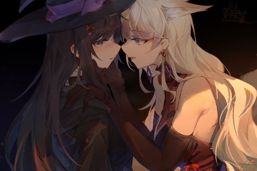 2girls a-soul absurdres animal_ears bella_(a-soul) blonde_hair blue_eyes blush brown_hair earrings eileen_(a-soul) elbow_gloves eyebrows_visible_through_hair fang fox_ears gloves hair_ornament hand_on_another's_chin hand_on_another's_shoulder highres jewelry long_hair looking_at_another looking_away looking_to_the_side moyu_marginal multiple_girls noses_touching parted_lips purple_eyes skin_fang star_(symbol) star_hair_ornament yuri