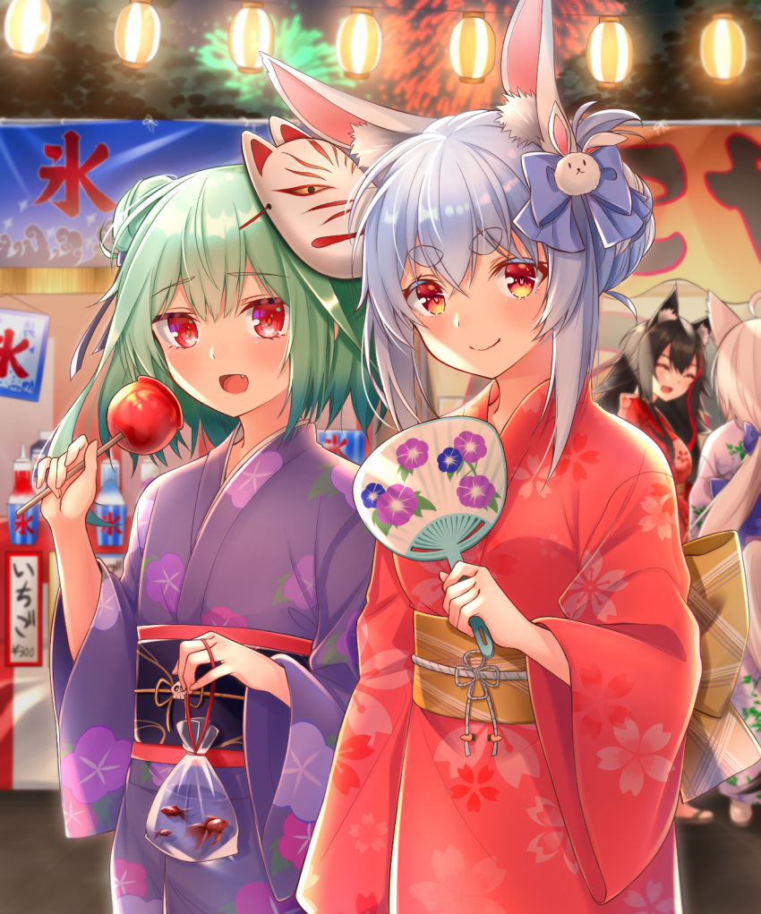 4girls :d aerial_fireworks animal_ear_fluff animal_ears bag bagged_fish bangs black_hair blue_bow blue_hair blush bow candy_apple closed_eyes closed_mouth commentary_request eyebrows_visible_through_hair fang fireworks fish floral_print food green_hair hair_between_eyes hair_bow hair_bun hand_fan hand_up highres holding holding_bag holding_fan holding_food hololive hoshino_reiji japanese_clothes kimono lantern long_hair long_sleeves looking_at_viewer mask mask_on_head multicolored_hair multiple_girls night obi ookami_mio open_mouth outdoors paper_fan print_kimono purple_kimono rabbit_ears red_eyes red_hair red_kimono sash shirakami_fubuki short_eyebrows short_hair sidelocks smile standing streaked_hair summer_festival thick_eyebrows tied_hair translation_request uchiwa uruha_rushia usada_pekora virtual_youtuber white_hair white_kimono wide_sleeves wolf_ears yukata