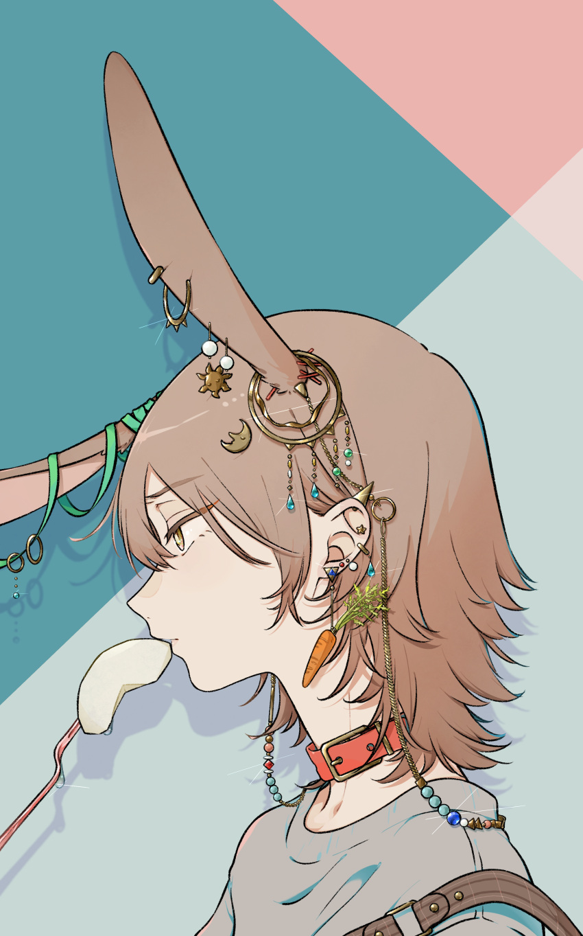 1boy absurdres animal_ears blue_menouu brown_eyes brown_hair carrot_earrings collar ear_piercing earrings eyebrows_visible_through_hair food-themed_earrings grey_shirt highres jewelry original piercing portrait profile rabbit_ears shadow shirt short_hair solo