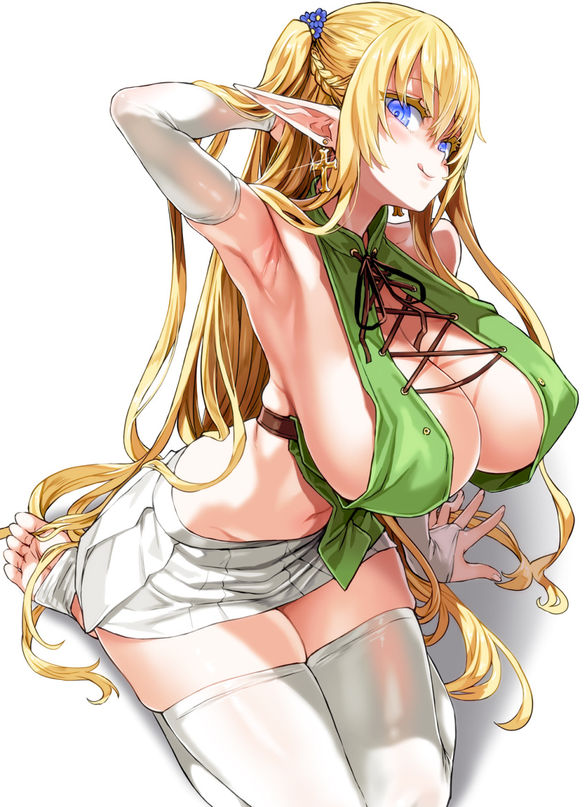 1girl :q armpits asanagi bangs bare_shoulders blonde_hair blue_eyes breasts bridal_gauntlets cleavage cross cross_earrings earrings elbow_gloves elf eyebrows_visible_through_hair gloves head_tilt highres huge_breasts jewelry long_hair looking_at_viewer miniskirt navel original pointy_ears simple_background sitting skirt smile solo thighhighs toeless_legwear tongue tongue_out very_long_hair white_background white_gloves white_legwear white_skirt