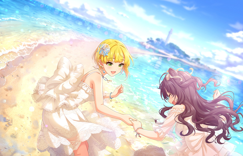 2girls ahoge alternate_costume artist_request bangs bare_arms bare_shoulders beach blue_sky blush bow bracelet brown_hair closed_eyes cloud day dress earrings eyebrows_visible_through_hair frilled_dress frills hair_ornament hair_ribbon holding_hands ichinose_shiki idolmaster idolmaster_cinderella_girls idolmaster_cinderella_girls_starlight_stage jewelry long_hair looking_at_another miyamoto_frederica multiple_girls necklace ocean official_art open_mouth outdoors ribbon running sky smile sunlight two_side_up water white_dress