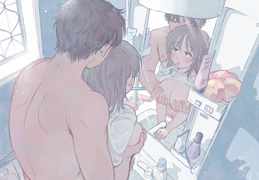 1boy 1girl absurdres bathroom breast_grab breasts brother_and_sister brushing_teeth cleavage commentary_request grabbing grabbing_from_behind height_difference hetero highres huge_filesize incest large_breasts light_rays mirror mohato_official nipples original reflection shirtless siblings sink toothbrush toothbrush_in_mouth washing_hands