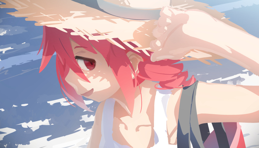 1girl :d arm_up bag bangs bare_arms bare_shoulders blue_sky brown_headwear cloud collarbone commentary_request day dress eyebrows_visible_through_hair hair_between_eyes hat highres kasane_teto looking_at_viewer monosenbei open_mouth outdoors red_eyes red_hair sky sleeveless sleeveless_dress smile solo straw_hat upper_body utau white_dress