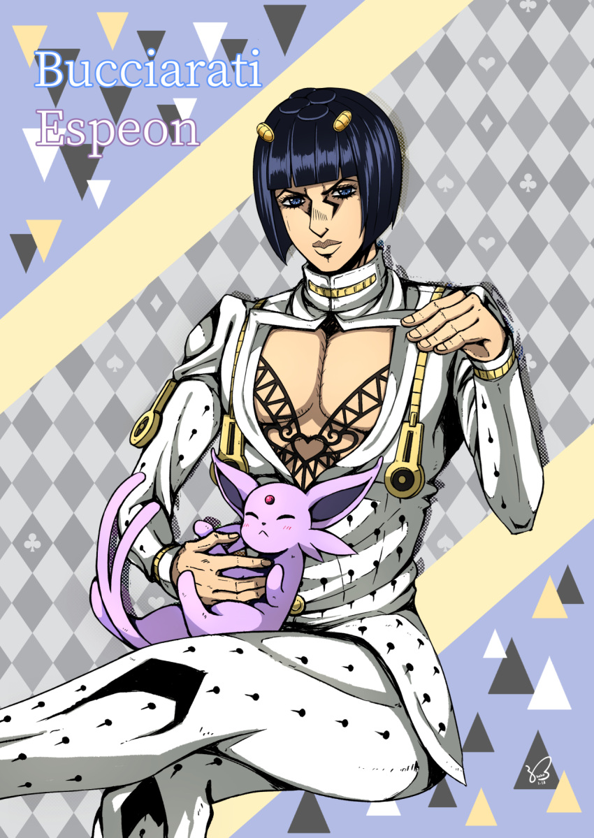 1boy argyle argyle_background bangs black_hair blue_eyes blue_hair bruno_buccellati cleavage_cutout clothing_cutout clover club_(shape) commentary_request crossover diamond_(shape) espeon gen_2_pokemon hair_ornament hairclip heart highres jacket jojo_no_kimyou_na_bouken kogawa_(kris_386k) male_cleavage male_focus pants pectorals pokemon pokemon_(creature) spade_(shape) triangle white_jacket white_pants