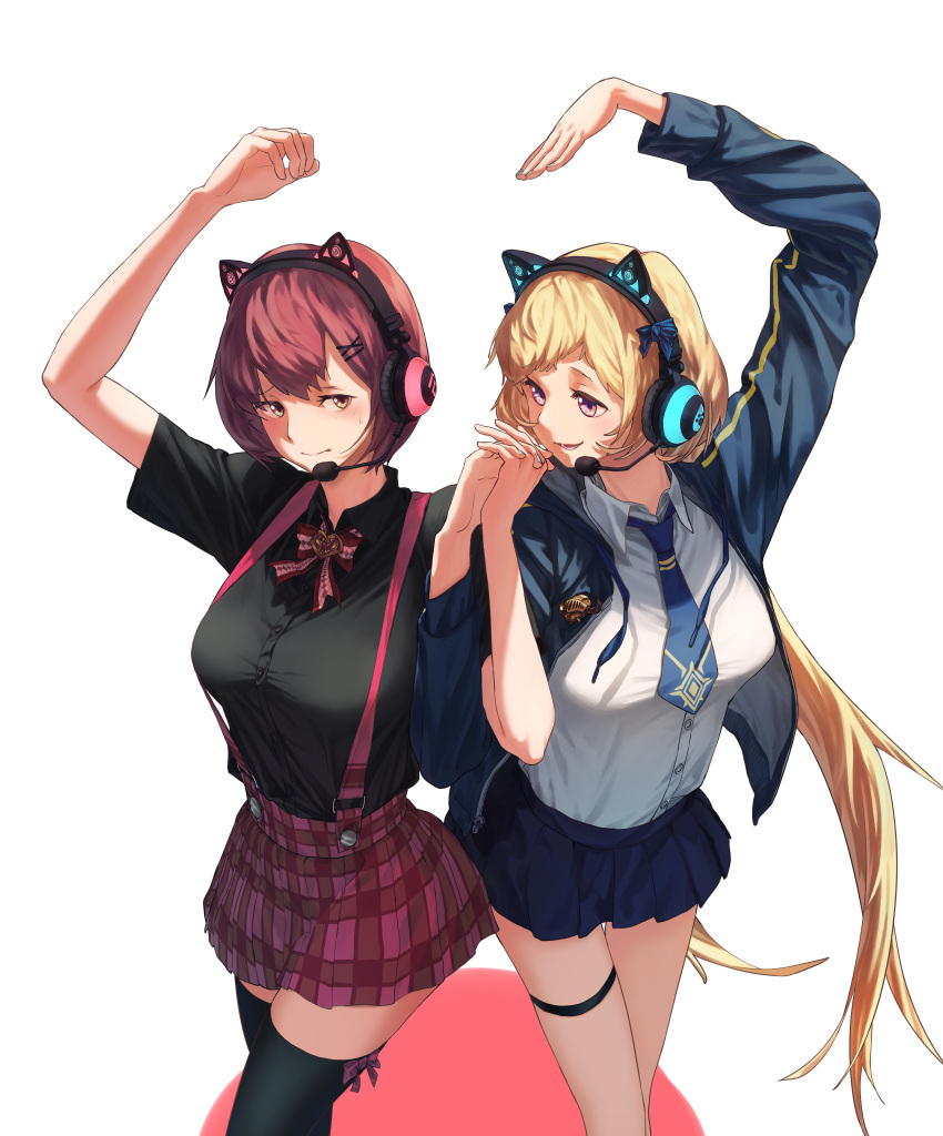 2girls absurdres black_legwear black_shirt blonde_hair blue_jacket blue_skirt breasts chosen_one's_archpriestess_veronica eyebrows_visible_through_hair feet_out_of_frame guardian_tales hand_up headphones highres hong_do huge_filesize idol idol_captain_eva jacket long_hair looking_at_another looking_to_the_side medium_breasts multiple_girls necktie official_alternate_costume open_clothes open_mouth pink_eyes red_eyes red_hair shirt short_hair simple_background skirt smile