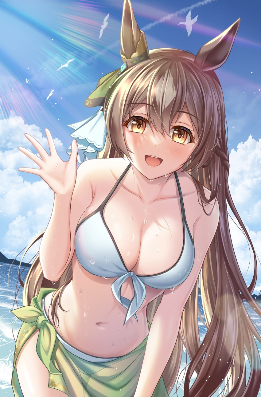 1girl :d absurdres animal_ears bare_arms bare_shoulders bikini blue_sky blush braid breasts brown_eyes brown_hair cleavage cloud collarbone commentary_request condensation_trail cowboy_shot day ear_ornament fran_690 hand_up highres horse_ears large_breasts leaning_forward light_rays long_hair looking_at_viewer navel ocean open_mouth outdoors sarong satono_diamond_(umamusume) see-through sky smile solo stomach sunbeam sunlight swimsuit thigh_gap umamusume very_long_hair water waving white_bikini