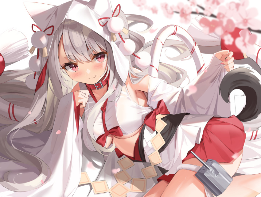 1girl azur_lane breasts closed_mouth collar commentary_request detached_sleeves eyebrows_visible_through_hair fang fingernails grey_hair highres hood kyonta long_hair lying medium_breasts official_alternate_costume on_side red_collar red_eyes red_skirt skin_fang skirt slit_pupils smile solo tail thick_eyebrows thighs underboob wide_sleeves wolf_girl wolf_hood wolf_tail yuudachi_(azur_lane) yuudachi_(the_bride_of_solomon)_(azur_lane)