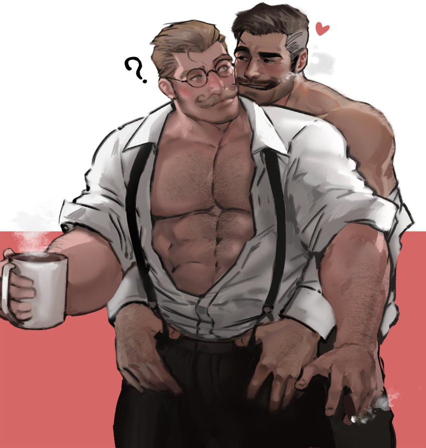 2boys ? abs arm_hair assisted_exposure bara beard black-framed_eyewear black_pants chest_hair cigar clothes_pull coffee_mug couple cup eye_contact facial_hair glasses heart highres jang_ju_hyeon large_pectorals looking_at_another male_cleavage male_focus mature_male mug multiple_boys muscular muscular_male mustache navel navel_hair old old_man open_clothes open_shirt original pants pants_pull pectorals pulled_by_another raised_eyebrows round_eyewear seductive_smile short_hair sideburns smile stomach stubble thick_eyebrows undressing_another yaoi