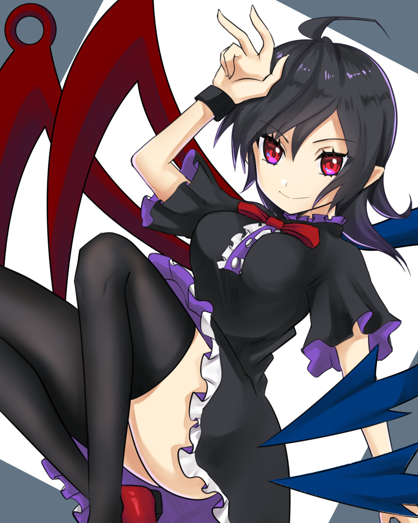 1girl absurdres ahoge asymmetrical_wings bangs black_dress black_legwear blue_wings bow bowtie breasts buttons center_frills closed_mouth commentary_request dress eyebrows_visible_through_hair feet_out_of_frame frilled_dress frills grey_background highres houjuu_nue looking_at_viewer mary_janes medium_breasts medium_hair pointy_ears purple_dress red_bow red_eyes red_footwear red_neckwear red_wings shoes short_dress short_sleeves smile solo thighhighs touhou two-sided_dress two-tone_background white_background wings wristband yuuki510510