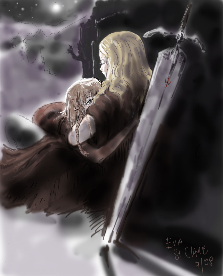 2girls absurdres artist_name blonde_eyelashes blonde_hair brown_hair cape claire_(granado_espada) claymore claymore_(sword) closed_eyes dated eva-st-clare from_behind head_on_another's_stomach highres hug long_hair multiple_girls night painterly sketch sword teresa_(claymore) torn_cape torn_clothes weapon yuri