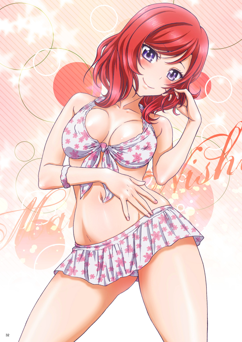 1girl absurdres bangs bikini bikini_skirt blue_eyes blush breasts character_name cleavage closed_mouth collarbone contrapposto covered_nipples diagonal_stripes floral_print front-tie_bikini front-tie_top groin hand_in_hair head_tilt highres long_hair looking_at_viewer love_live! love_live!_school_idol_project medium_breasts microskirt nanno_koto nishikino_maki page_number pink_background print_bikini print_skirt red_hair shiny shiny_hair skirt smile solo standing striped striped_background swept_bangs swimsuit white_bikini white_skirt