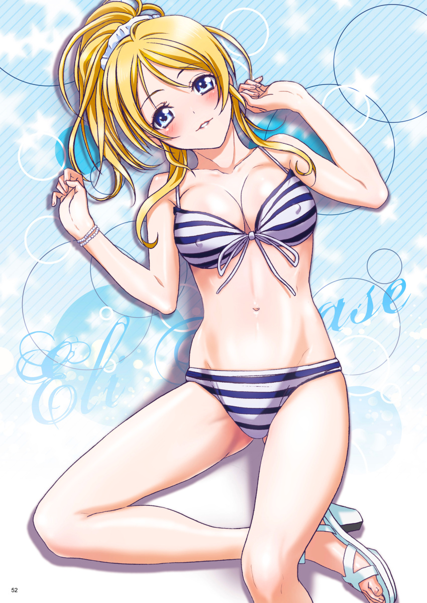 1girl absurdres ass_visible_through_thighs ayase_eli bikini blonde_hair blue_background blue_eyes blush breasts character_name cleavage collarbone covered_nipples diagonal_stripes eyebrows_visible_through_hair front-tie_bikini front-tie_top groin hair_between_eyes hair_ornament hair_scrunchie high_ponytail highres large_breasts long_hair looking_at_viewer love_live! love_live!_school_idol_project lying nanno_koto navel on_back page_number parted_lips ribbon scrunchie shiny shiny_hair solo striped striped_background striped_bikini swimsuit white_ribbon white_scrunchie